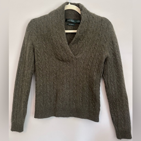 Lauren Ralph Lauren Sweaters - Ralph Lauren Womens Olive Cable-Knit Shawl Collar V-Neck Sweater Size M Heritage